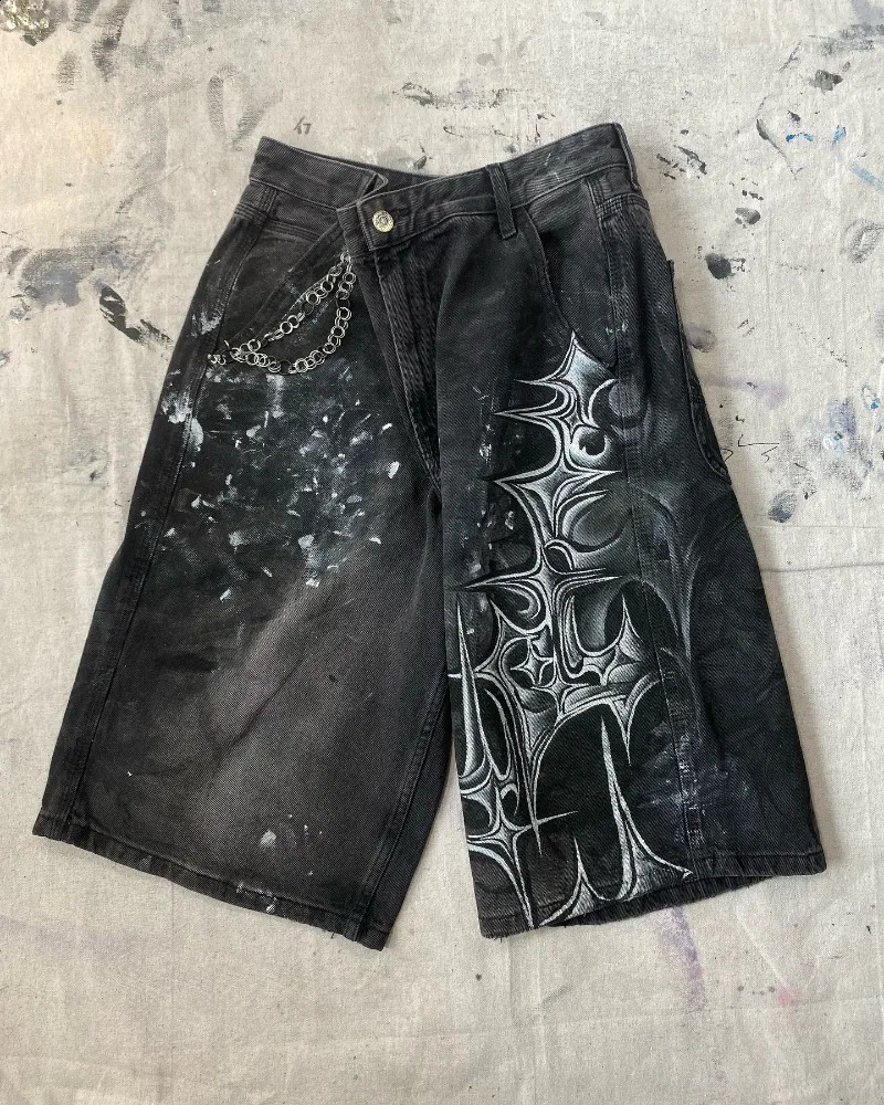 Y2K Harajuku Fashion Oversized Geometric Print Denim Short Men Vintage Gothic Hip Hop Casual Joker High Waist Shorts 250319