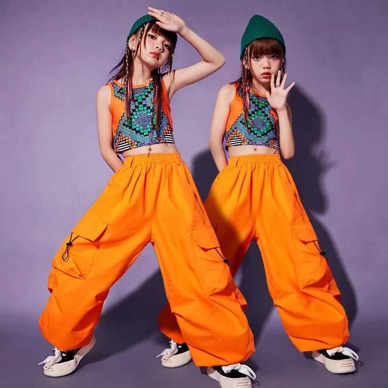 Childrens Kpop hip-hop clothing geometric print crop vest orange casual jogging cargo pants girls jazz dance clothingT250318