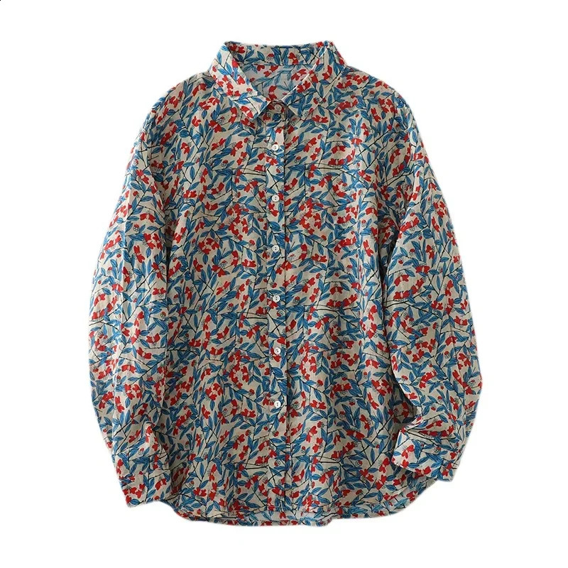 Blue Leaf Fragment Cotton Linen Shirt Womens 2024 Autumn Style French Artistic Polo Collar Long Sleeve Printing Cardigan To 250319