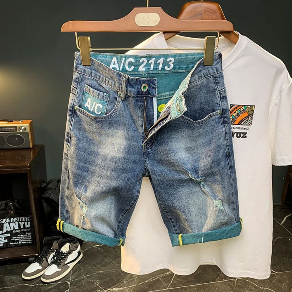 thin denim shorts with text pockets for summer featuring Korean street fashion and casual hiphop old n Y2k trendy 250318