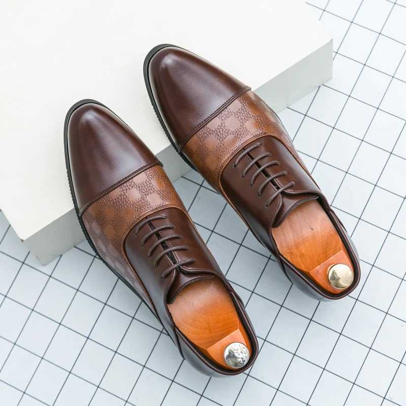 Fi brown dress shoes mens high heels Pointed Plus size 46 leather shoes mens Pahwork checkered mens wedding shoes height increaseXJ250319