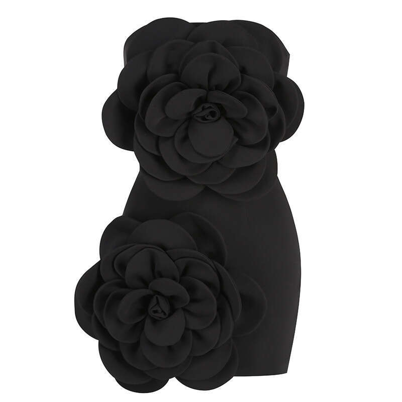New Style Sexy Red Strapless Dress, Niche Temperament, High-End Decoration, Three-Dimensional Flower Dress