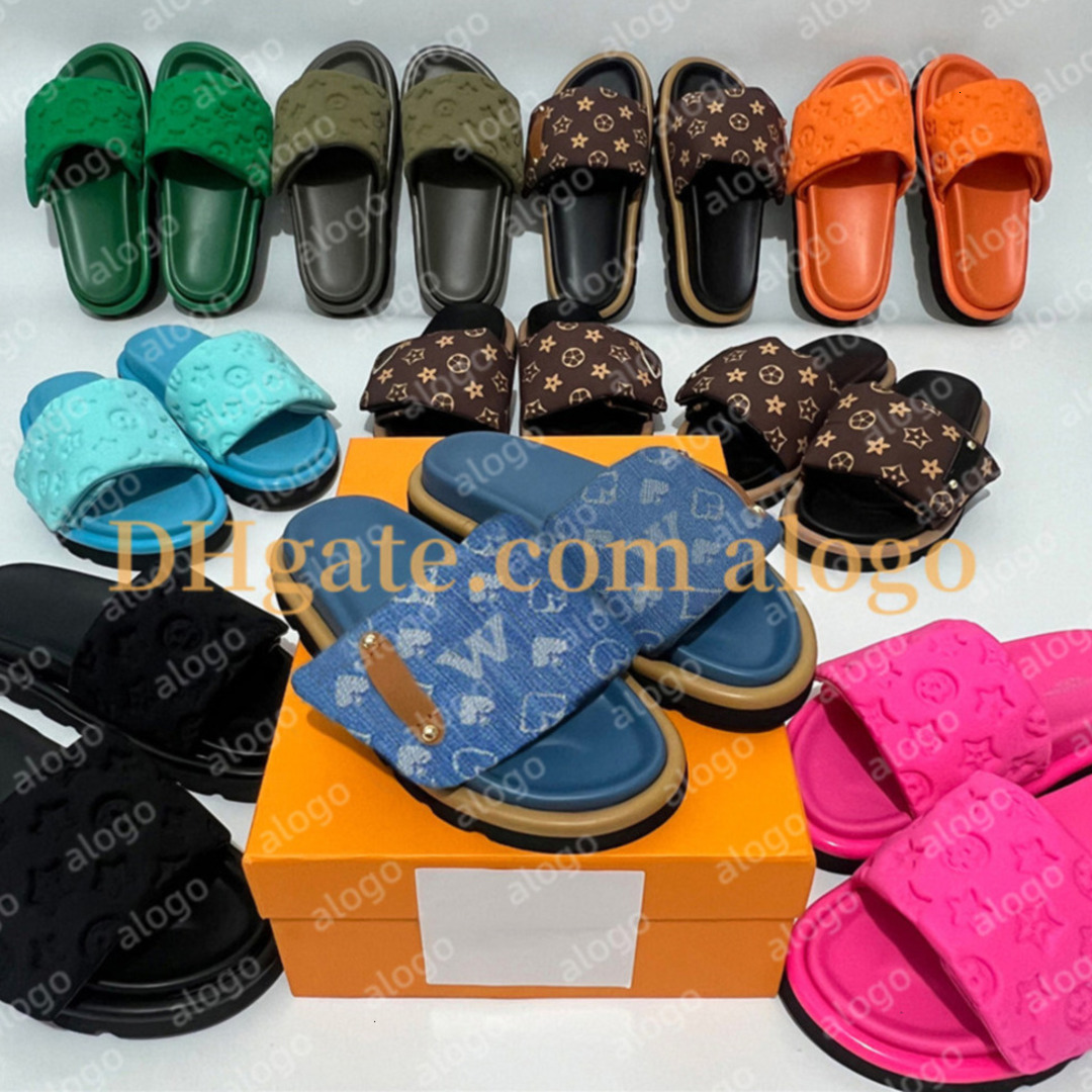 Designer Sliders Women Men Pool Pillow slippers Flat Comfort Mules Slides Fashion Classic Prints Embossed Summer Sandals Black Grey Beach Shoes slippers eur 35-45