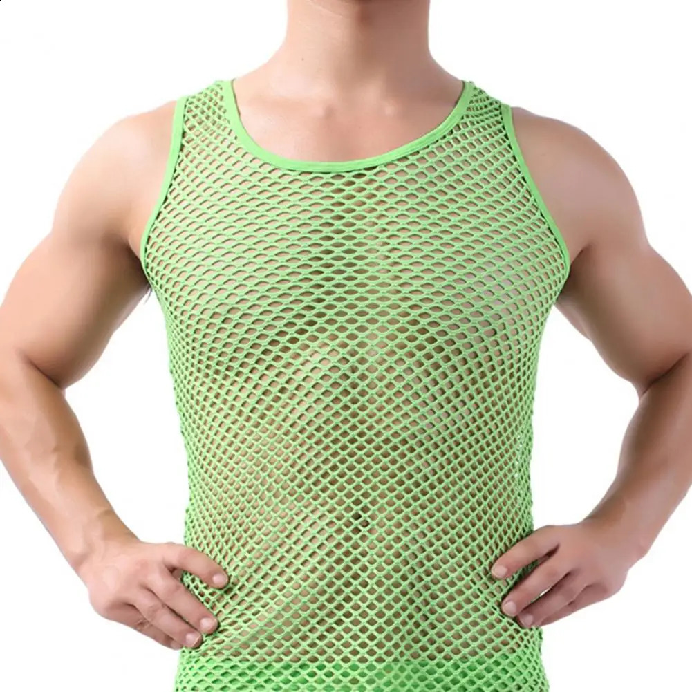 Fishnet Men Sexy Mesh Tank Tops Transparent Sleep Tops Male Underwear Pure Color Vest Sleeveless Tops Underwear Male Undershirt 250319