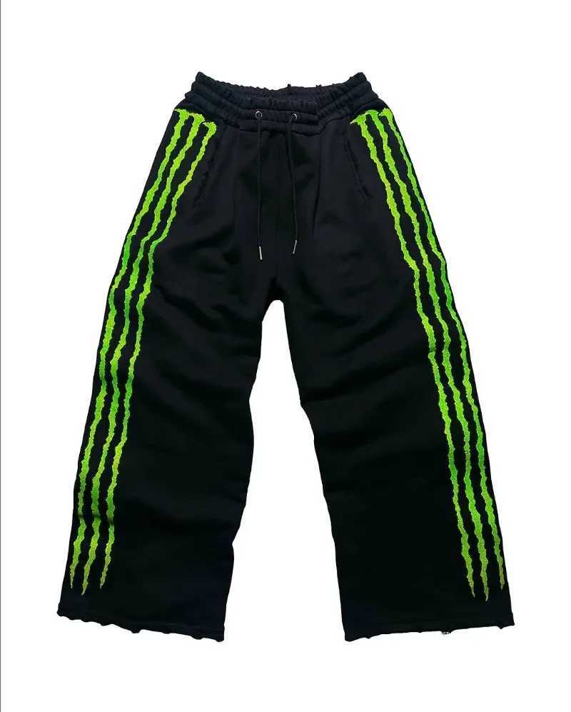 American Street Harajuku Hip-hop Fashion Luminous Extra-large Trousers Striped Print Men Y2k Fashion Loose Cropped Pants WomenT250319