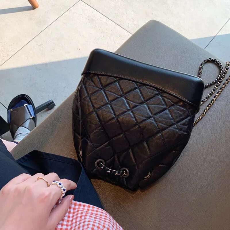 Genuine Leather Women's Pear Shaped Backpack Tweed Style Wandering Bag Chain Strap Mountain Carriage Storage Accessories