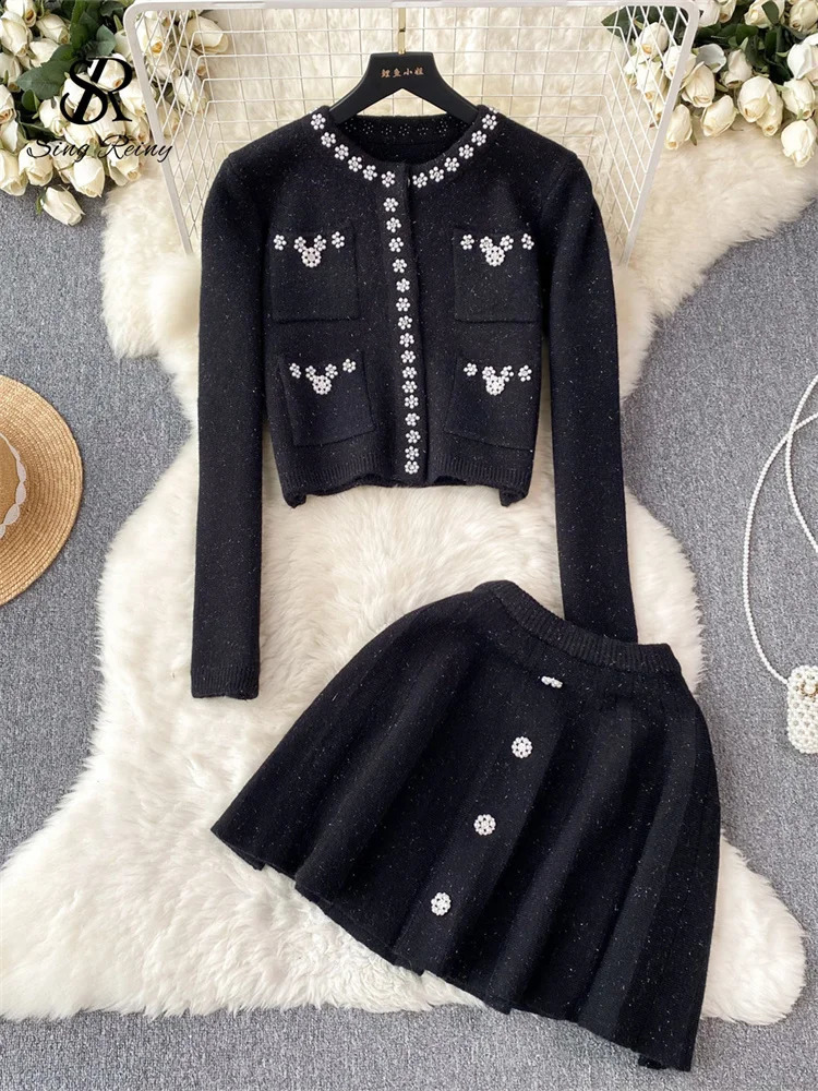 SINGREINY Japan Style Pearls Knit Suits Hidden Breasted Pockets CardiganMini Pleated A Line Skirt Women Sweet Streetwear Sets 250319