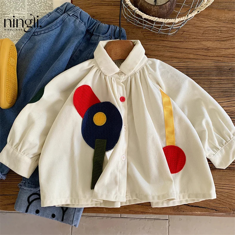 Ins Autumn Childrens Girls Shirt Cotton Western Ruffle Patch Princess Long Sleeve Baby Top 250319