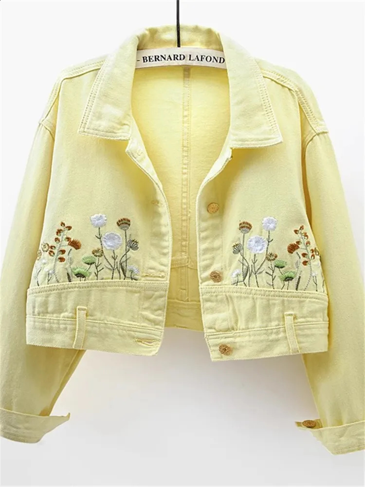 Fashion floral embroidery crop denim jacket womens lapel long sleeved single chest denim jacket retro streetwear womens jacket 250317