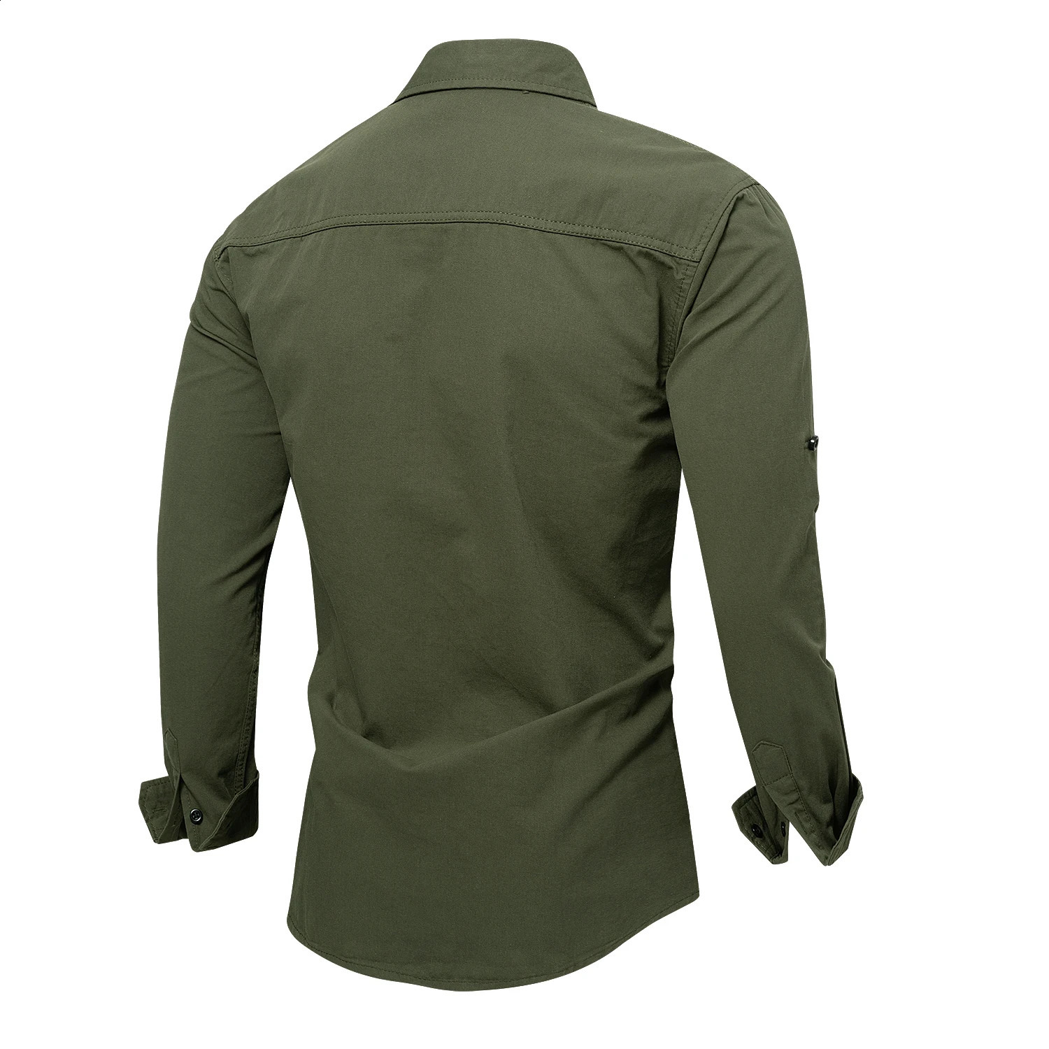 mens Safari long sleeved solid color casual rolled up sleeves button double pocket shirt 250317