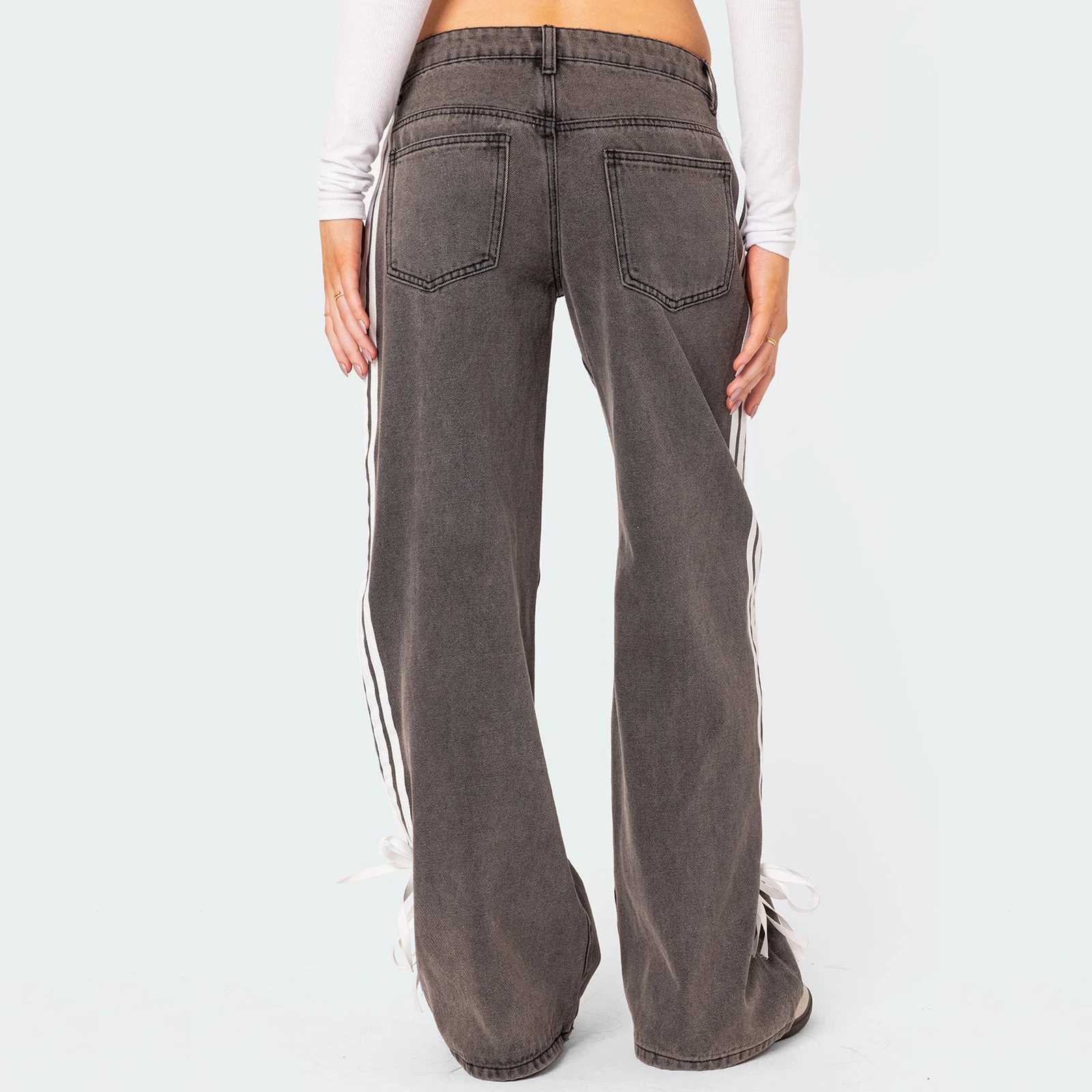 Womens Low Rise Jeans Fashion Side Stripe Tie Bow Straight Leg Denim Pants with Pockets for Summer StreetwearT250319