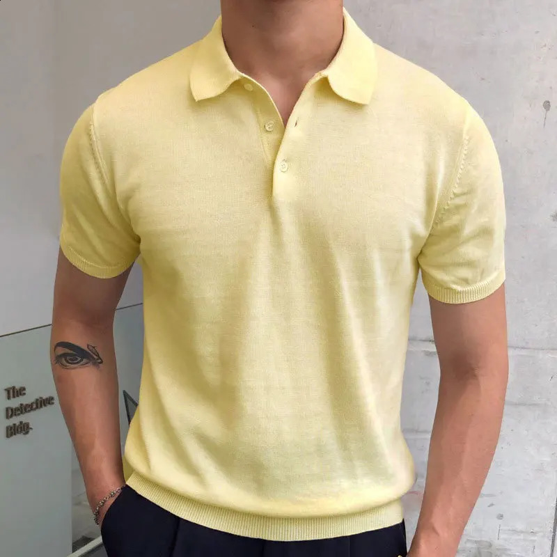 Summer Simple Solid Color Casual Slimming Collar Polo Knitted Breathable Polo Camissa Homble British Mens Manning Polo Shirt 250317
