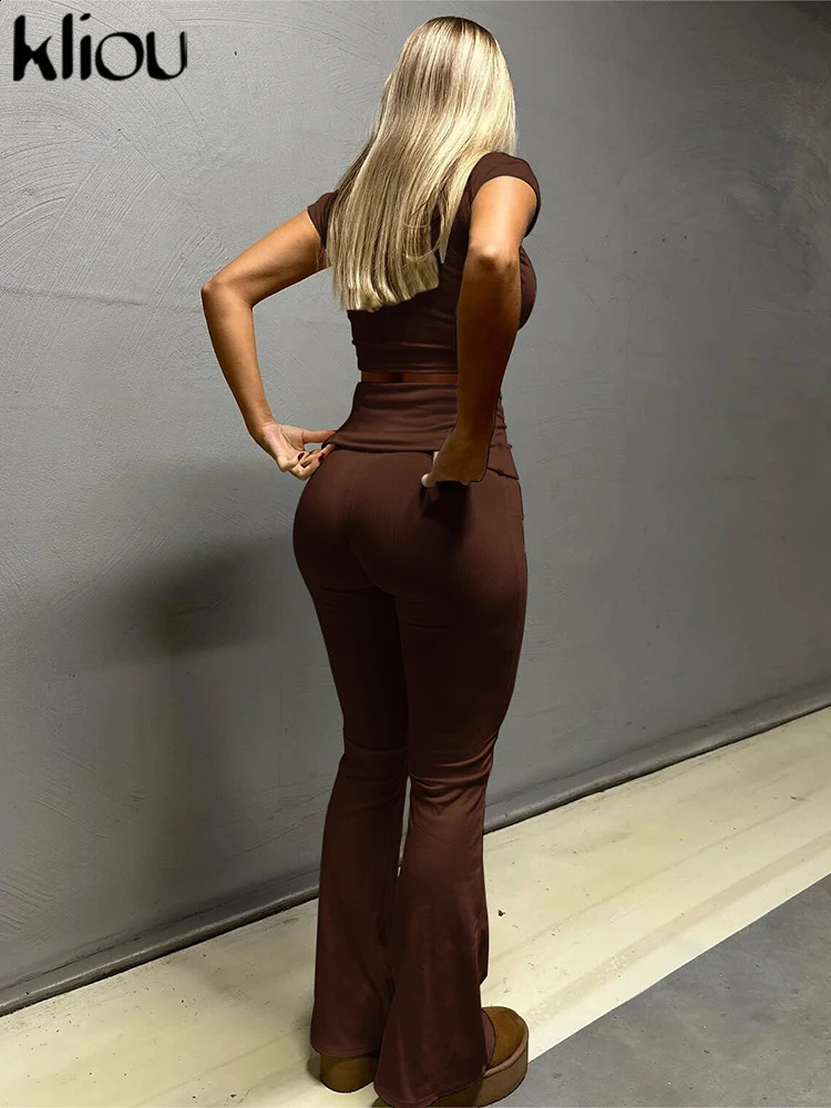 kliou Casual Solid 2 Piece Set Women Classic Short Sleeve O-neck Slim Crop Tees High Waist Trousers Female Summer Outfits 250319