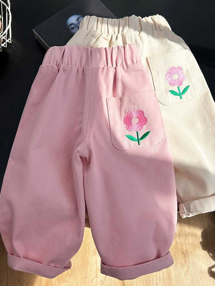 Cute girl flower embroidered pants elastic waist loose casual harem pants Korean style 1-6 year old girl TrouserT250318