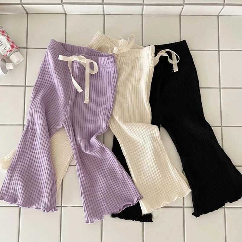 Childrens Pants Girls Solid Elasticity Leggings Cotton Ruffle Trousers 3-9 Years Kids Pants Toddler Girls Flared PantT250318