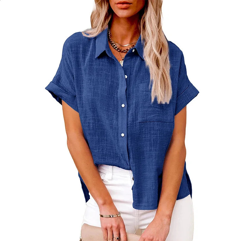 Summer womens plain linen pocket shirt casual short sleeved OL sports loose top LRFZ-6022 250318