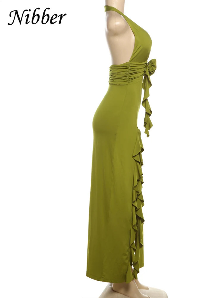Nibber Appliques Tassel Dress Women Y2K Halter Backless Split Sexy Ruched Elegant Summer Back Ruched Beach Holiday Maxi Bodycon 250319
