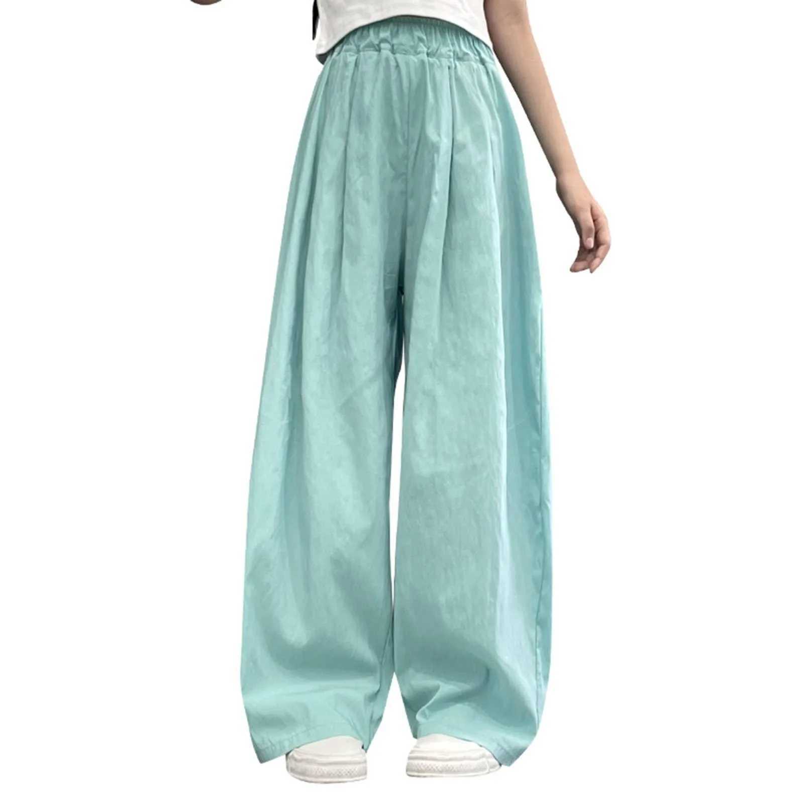 Solid color casual pants suitable for girls elastic waist straight pants summer loose and breathable wide leg pants childrens summer pantsT250318