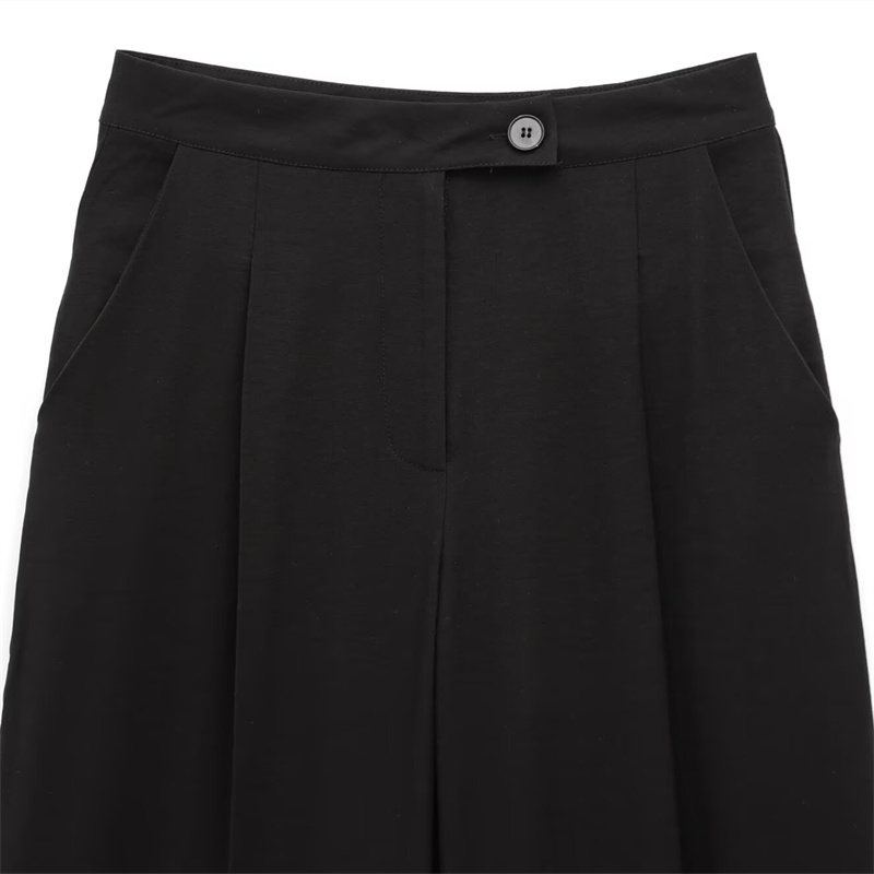 2025 Spring/Summer New Casual Women's Clothing Fashion Simple and Versatile Wide Leg Pants Button Pocket Wrinkle Decoration