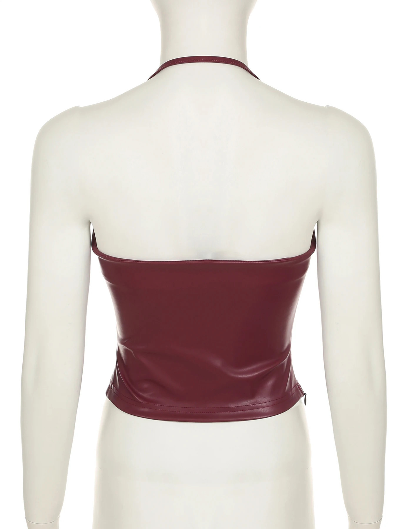 IAMSURE Sexy Pu Leather Halter Tops Slim Solid Slash Neck Sleeveless Crop Top 2025 Summer Fashion Streetwear Tank 250319