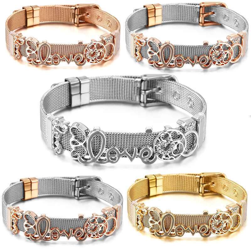 10mm Love Heart Beads Charm Bracelets DIY Stainless Steel Mesh Keeper Bracelets Bangle Pulseras Mujer For Women Men Jewelry Gift