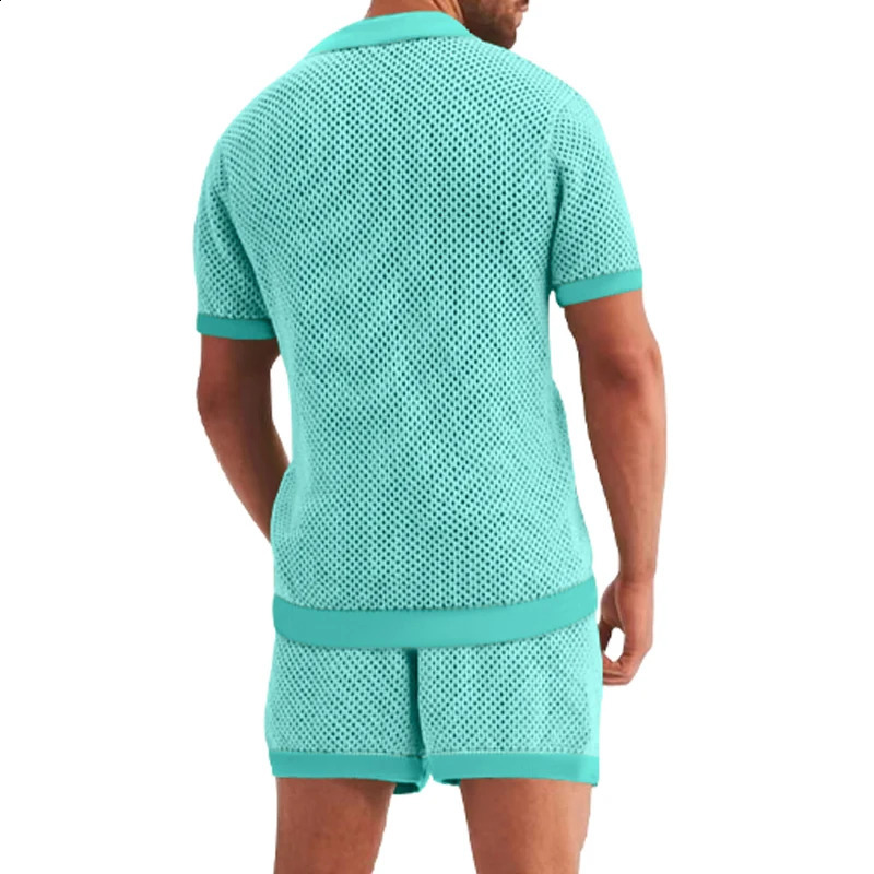 Mens summer breathable mesh collar T-shirt and shorts set with cool and sexy hollow fabric for beach wear 250314