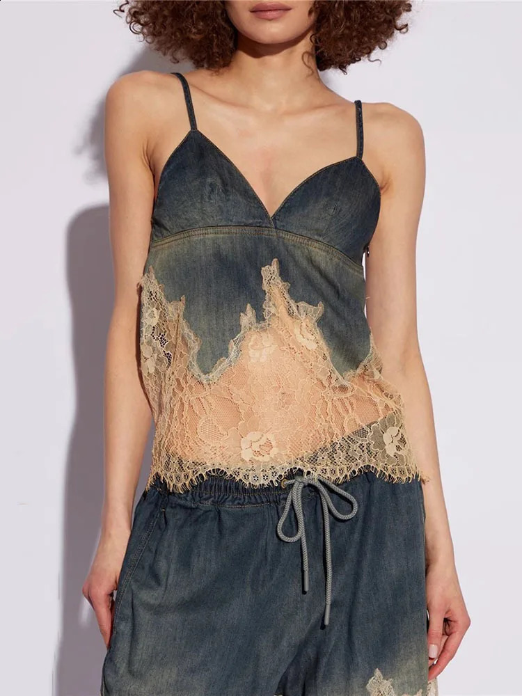 DEAT Fashion Womens 2-piece Denim Lace Backless Tank Top High Waist Lace Pocket Knee Length Set Autumn Style 7AB4274 250317 - view 3