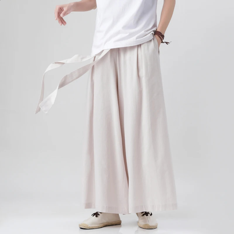 Chinese Style Harajuku Linen Cotton Linen Pants Man Japanese Kimono Pants Male Streetwear Summer Retro Wide-Leg Trousers 250317