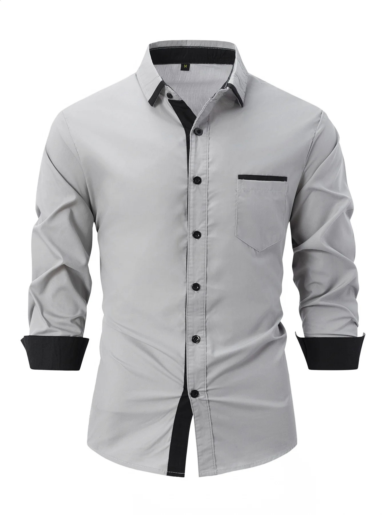 Mens business casual color combination loose long sleeved pocket shirt mens autumn cotton blend 250317