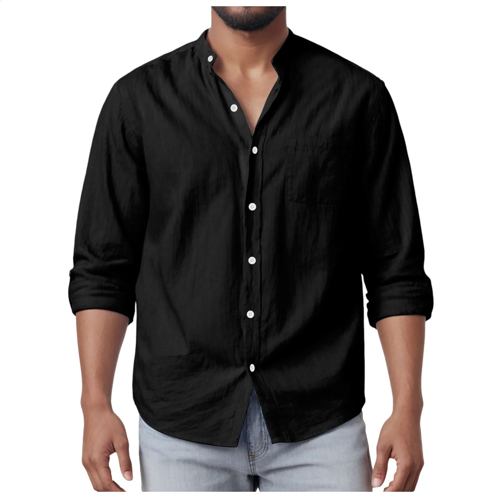 mens casual shirt cotton linen loose top long sleeved button down standing collar solid beach 250317