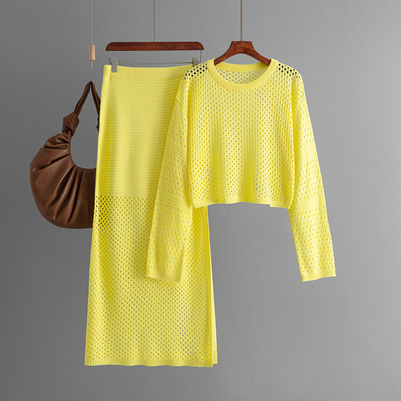 Women's 2024 new summer hollow knitted sweater long skirt fashion two-piece dress set