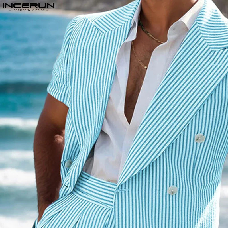 INCERUN American Style Fashion Set Mens Short Sleeve Set Coats Short Sleeve Casual Set Collar Stripe Set 2-piece S-5XL 250314