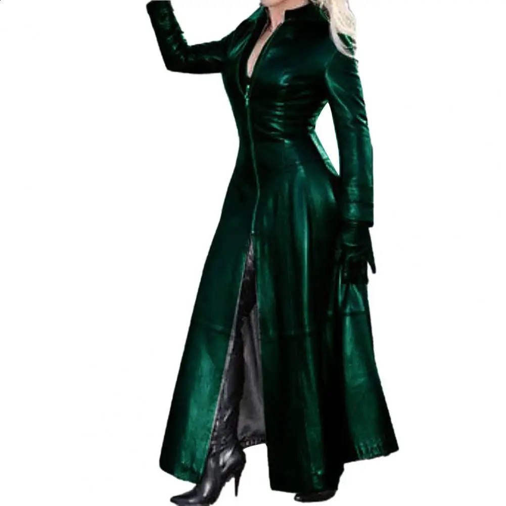 Loose leather jacket trench womens lapel zipper cyberpunk tight waist split hem autumn winter long PU 250319