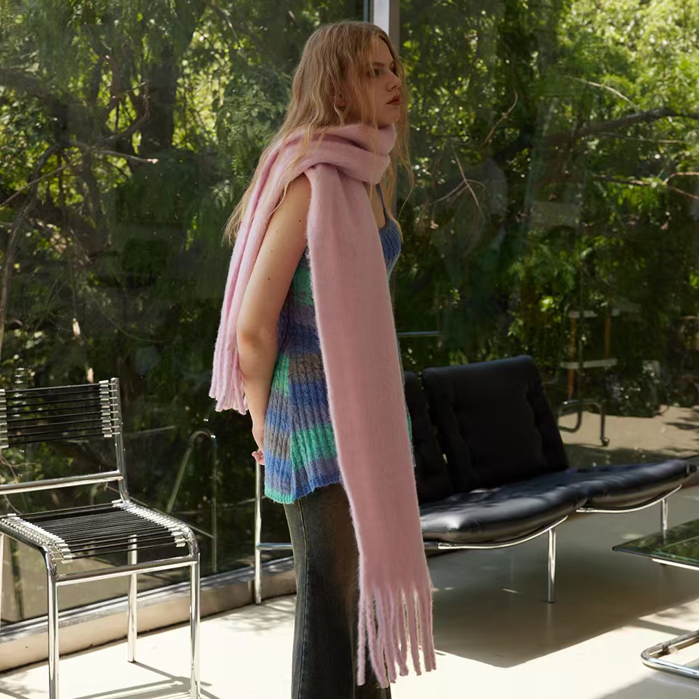 K167 Custom made spun wool containing 20 dopamine solid color tassel scarf for women autumn and winter enlarged soft and warm neck scarf