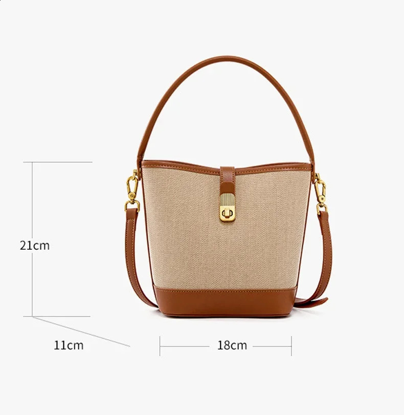 Vintage woven womens messenger bag color spliced womens bucket shoulder bag canvas combination mens leather womens handbag 250317