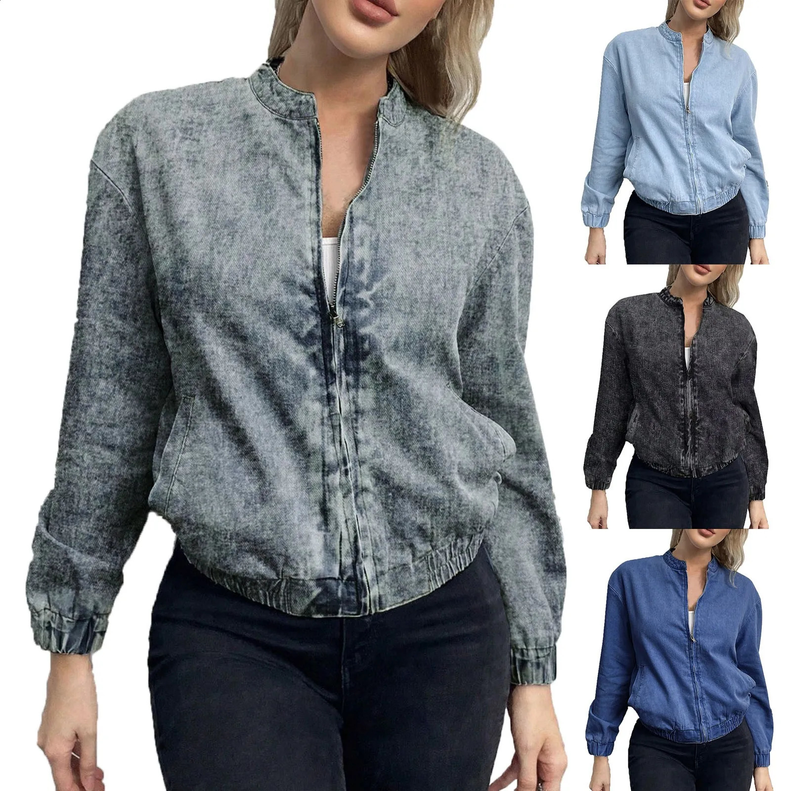 Womens zipper denim jacket womens stand up collar short bomber pocket casual Ropa 250317