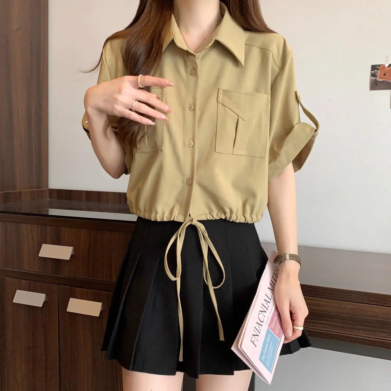 American workwear lace womens summer short top thin large fat MM loose fit n sleeved shirt 250318