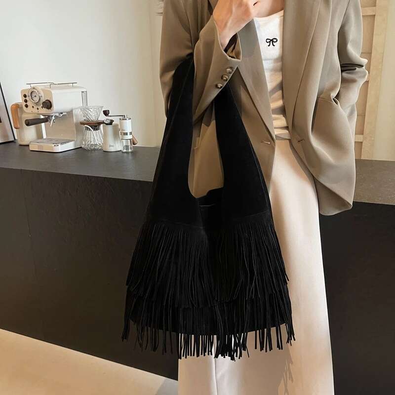 Women Frosted Slouchy Hobo Faux Suede Fringe Underarm Large Capacity Travel Tote Handbag Ladies Commute Bag