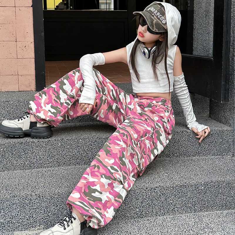 Korean Child Pink Camouflage Cargo Pants Spring Autumn Teen Girl Casual Elastic Waist Pocket Trousers Teenager Street Wear PantsT250318