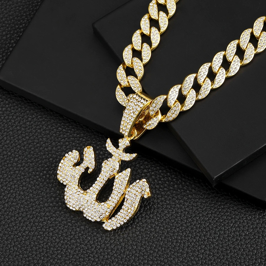 Iced Out 15mm Width Cuban Link Chain With Hip Hop Alloy And Bling Rhinestone Arabic Symbols Pendant Necklace 250313