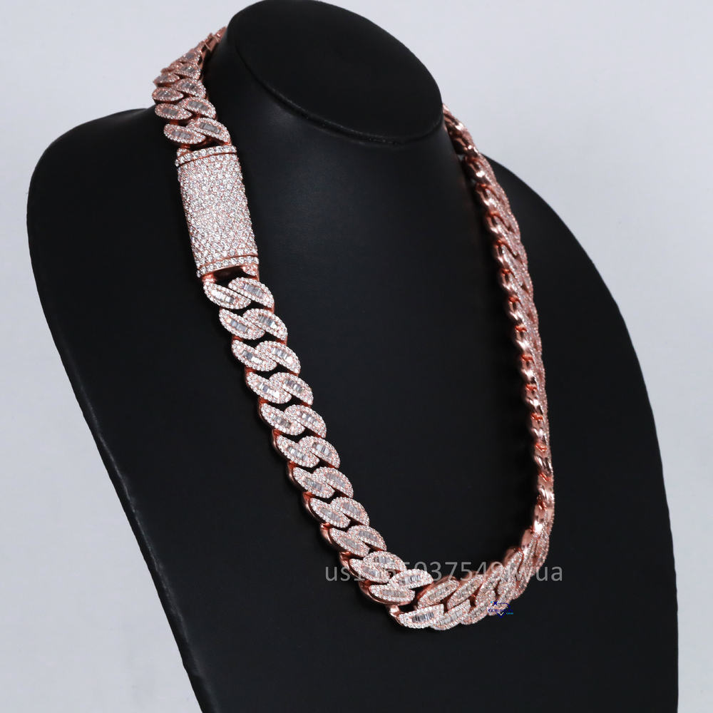 Personalized Hip Hop Cuban Chain Crafted With 14kt Rose Gold Featuring Moissanite Round Brilliant and Baguette Cut Diamonds