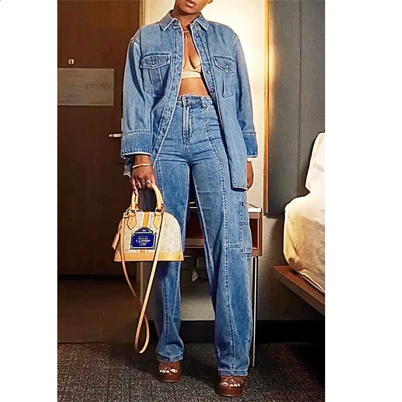 Yellow size high waisted cargo denim pants blue pocket straight leg carpenter tight jeans womens loose Trouser T35 T16 250317