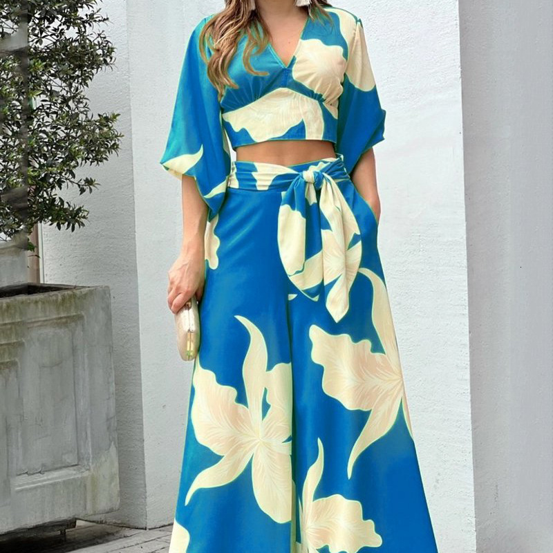 2025 New V-neck Lantern Sleeve Short Top High Waist Wide Leg Pants Spring Women's Set