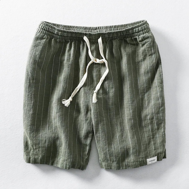 Summer Cotton Linen Shorts Pants Men Casual Sold Color Breathable Comfortable Striped Drawstring Man Holiday Beach Thin Shorts 250317