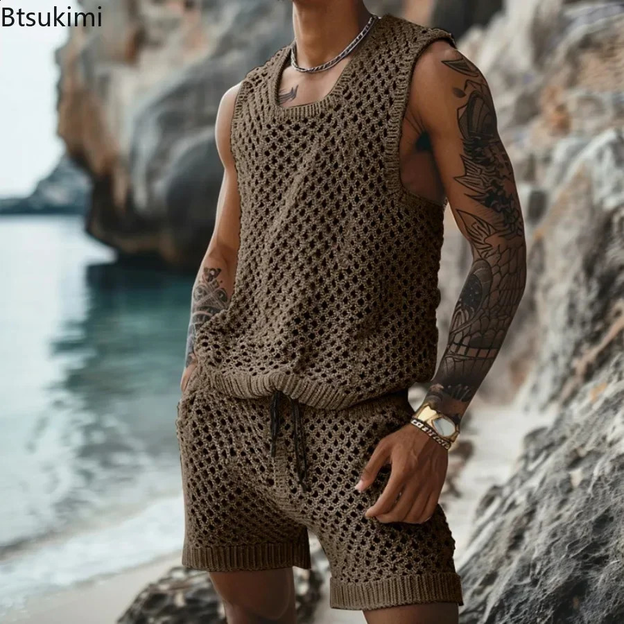 Mens Summer Casual Knitted Two Piece Fashion Solid Loose Tank Top and Shorts Beach Sportswear Mens Hollow Street Clothing 250314