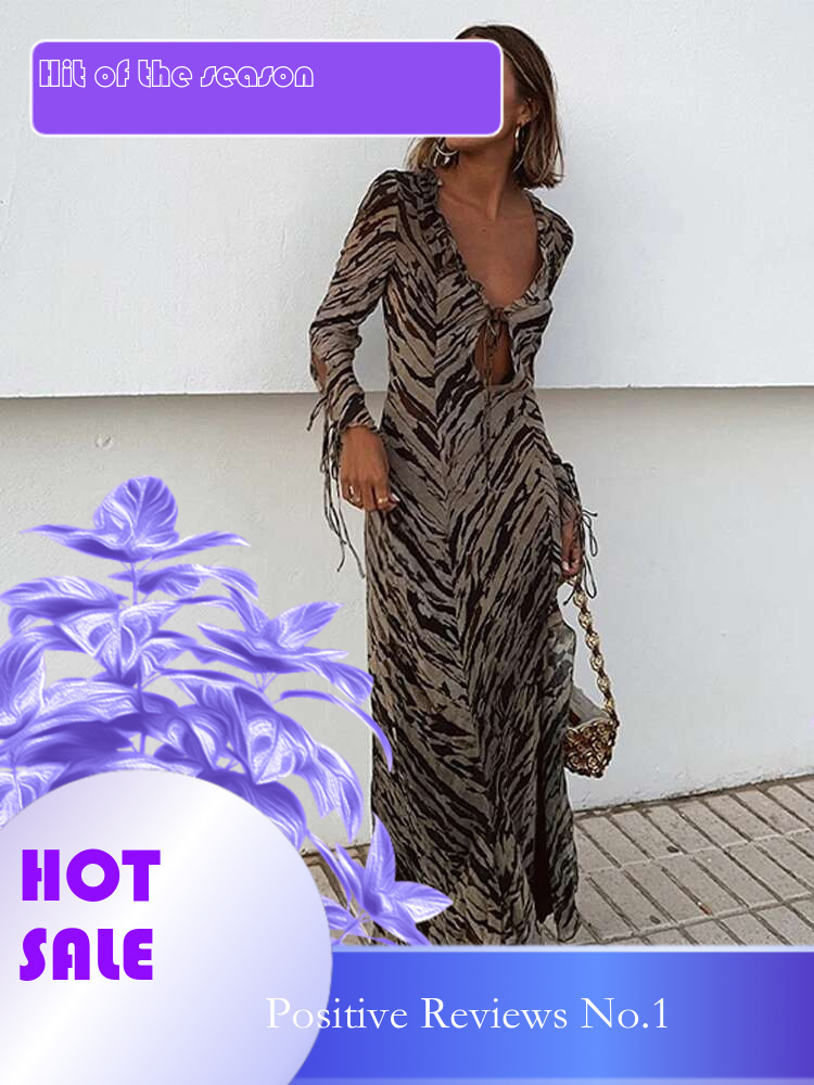 dongdumaoyi Casual Printed Women Maxi Dresses Elegant V Neck Lace Up Long Sleeve Female Dress Summer Autumn New Sexy Ladies Streetwear