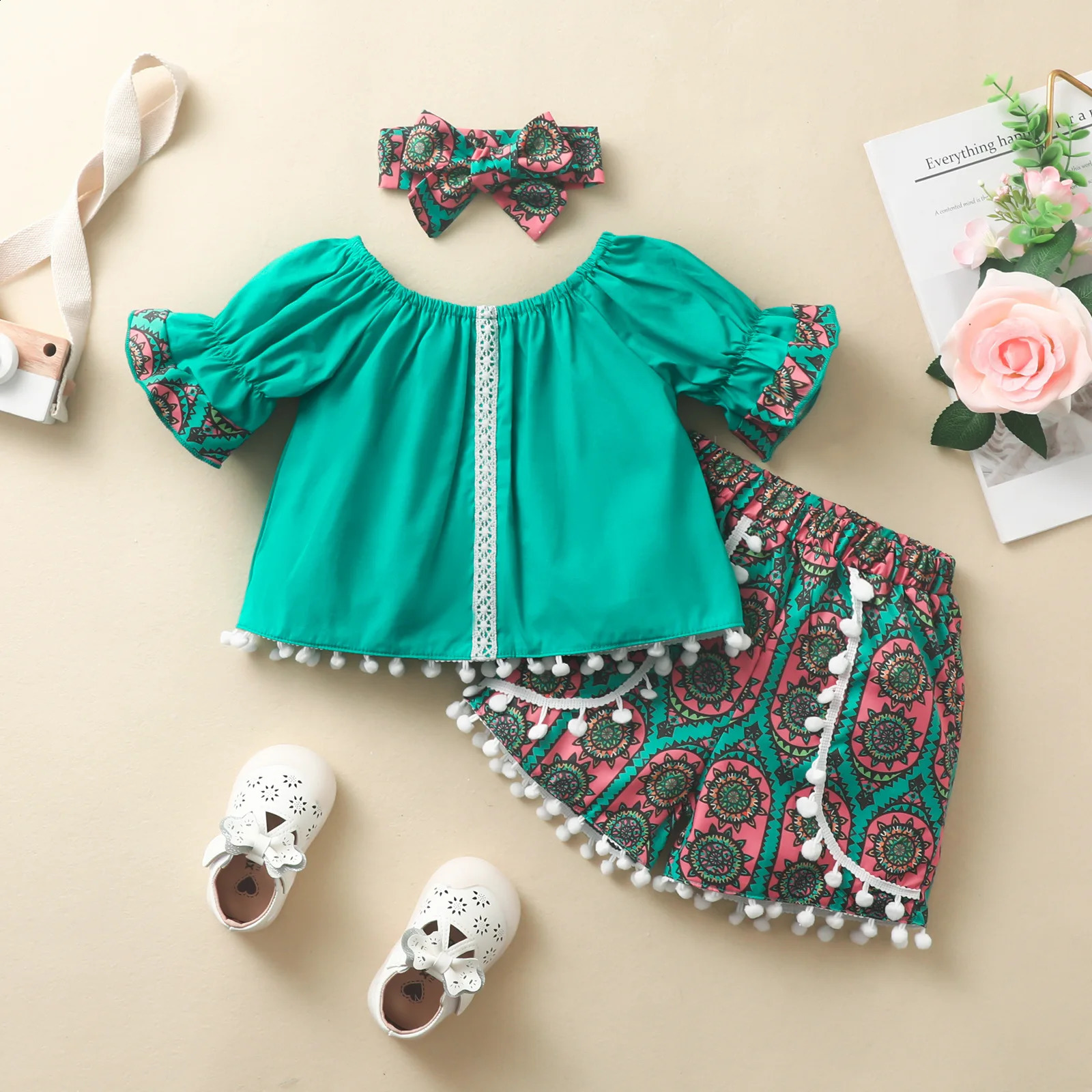 Bohemian Retro Summer Girls Clothing Set Baby Flare Sleeves Top Printed Short and Headband 3pcs Toddler Vacation Leisure Outfits 250319