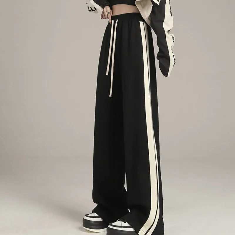 Casual Wide Leg Pants for Women Autumn Winter New Plush Thick Side Stripe Loose Fitting Black Versatile Floor Mop Trousers TrendT250318
