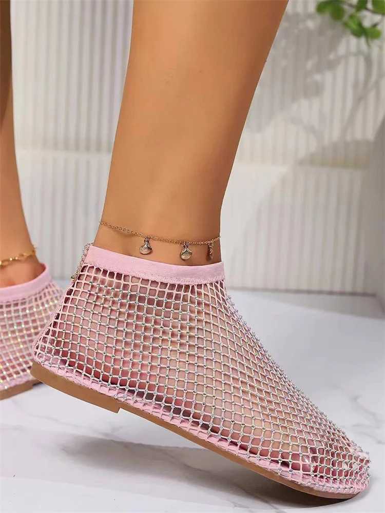 New Arrival Msfilia round toe sandals with hollow Internet famous diamond stud short boots Summer sexy Plus size flat shoes T250318