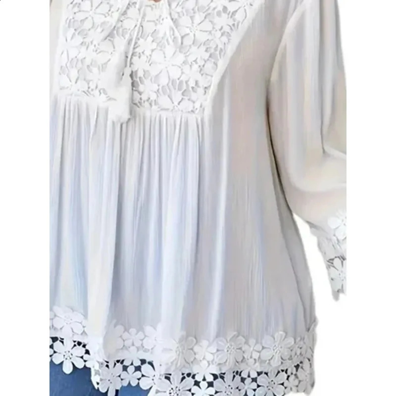 Plus Size 1XL5XL Womens Casual Solid Color Shirt Ladies Fashion Lace Trim Spring summer Blouse Top 250319